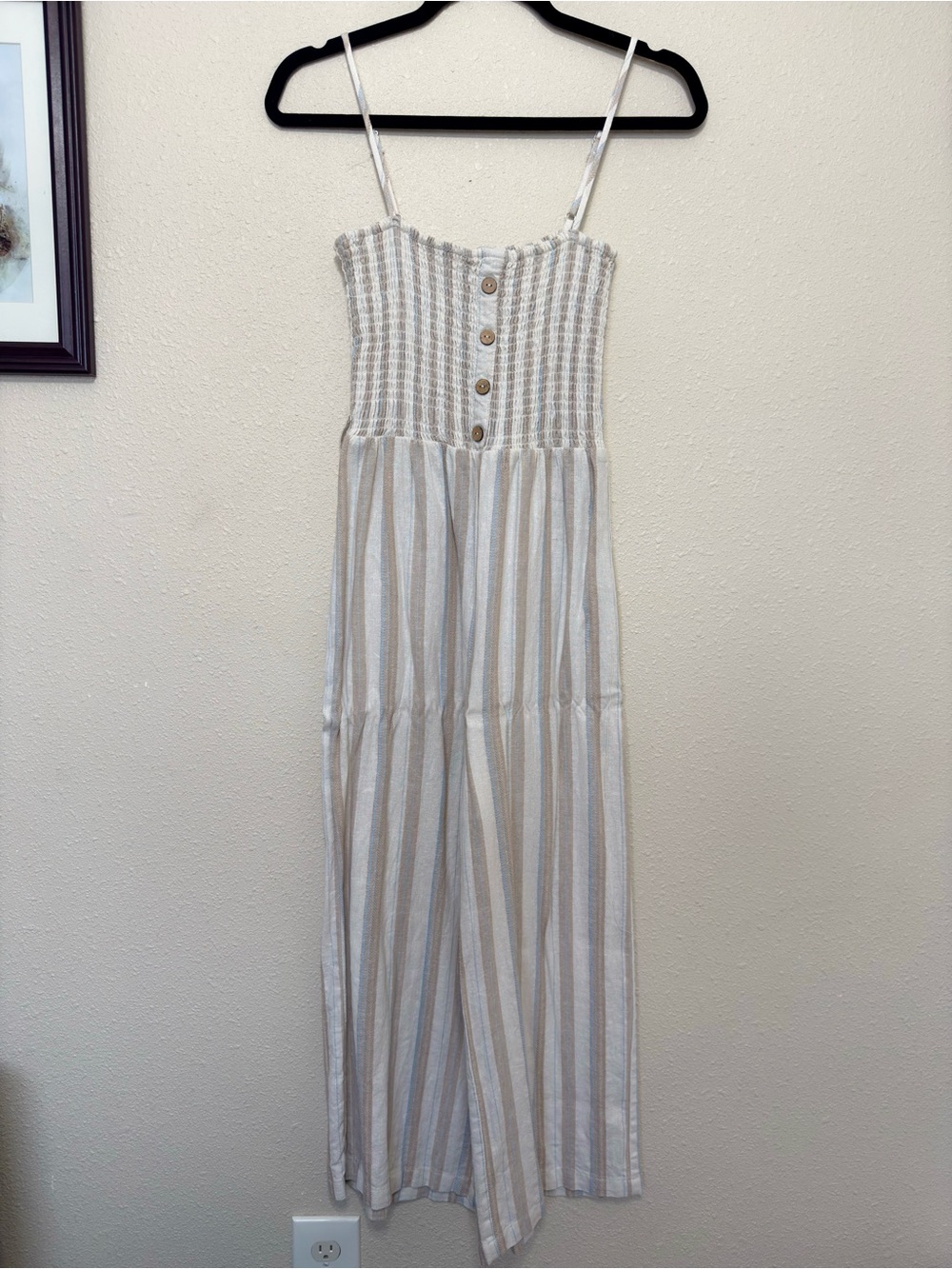 Love Tree Beige, White & Blue Striped Smocked Jumpsuit with Wooden Buttons